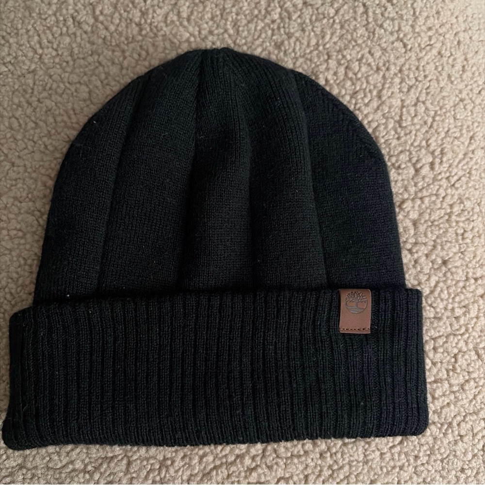 Timberland Black Knit Beanie with Logo Patch